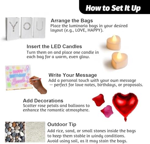 I Love You Romantic Decorations Special Night - Luminary Bags with LED Message Board & Stand, 5 Pens, 30 Heart Tea Lights, 10 Balloons and 2000 Rose Petals, Proposal Anniversary Valentines Day Decor - Image 7