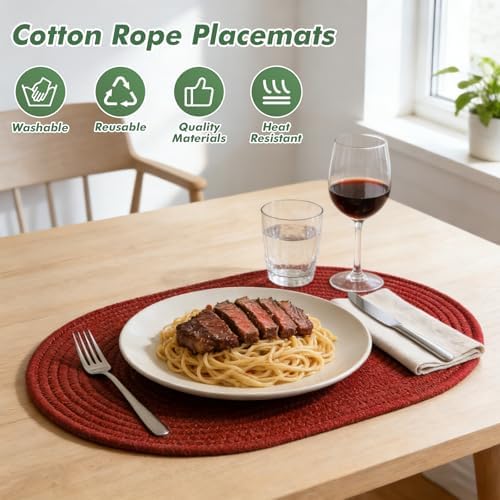 Oval Woven Placemats Set of 8 Heat Resistant Placemats 17 x 12 Inches Farmhouse Cotton Rope Place Mats for Dining Tables Trivets for Hot Dishes, Burgundy - Image 4