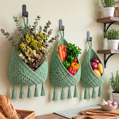 Honeydak 3 Hanging Baskets, Sage Green, Triangular Tassel, Jute - Image 2