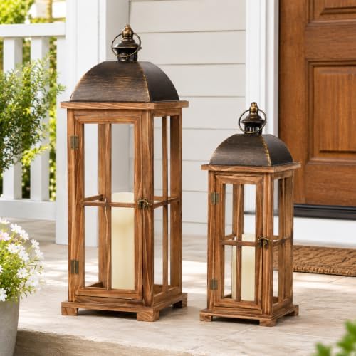 Large Decorative Lanterns, 2 Pack Farmhouse Wood Lanterns Indoor Outdoor by MATAHUMbeyourbetterchoice
