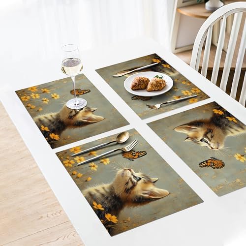 Cat Flower Spring Placemats Set of 6, 12x18 Inch Cat Floral Summer Table Place Mat Animal Washable Non-Slip Heat Resistant Fabric Placement Mats for Party Dining Kitchen Indoor Outdoor Decor - Image 3