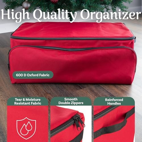 Christmas Ornament Storage Box - Christmas Ornament Organizer Storage Box with 3 Trays, Adjustable Grids, and Large Front Zipper Pocket - Fits up to 72 Bulbs and Decorations by Elf Stor (Red) - Image 2