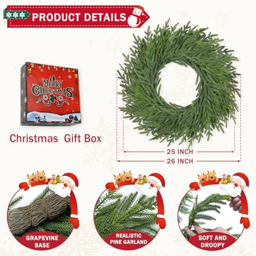 26 Inch Christmas Wreaths for Front Door Real Touch Large Xmas Winter Pine Cedar Wreaths for Windows Outdoor Indoor Christmas Holiday Home Yard Farmhouse Wall Front Door Porch Hanging Decor Clearance - Image 3