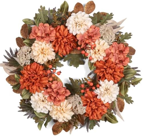 24" Fall Wreaths for Front Door with Mums Dahlias Queen Anne's Lace by MDSTBN
