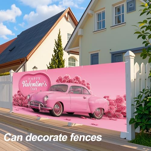 Valentine’s Day Garage Door Banner 6x13FT, Pink Vintage Car and Rose Heart Garage Door Cover, Romantic Outdoor Decoration for Garage Doors, Yard & Love Theme Party Backdrop - Image 5