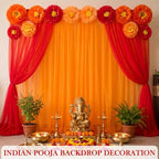 Indian Pooja Backdrop Decoration Set, Diwali Backdrop 4 Orange Red Tulle Drapes and 12 Paper Flowers, Mehndi Home Decorations for Varalakshmi, Haldi, Puja, Festival Decor - Image 6
