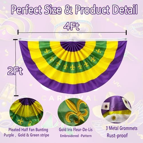 4 Pcs Mardi Gras Bunting Flag 2 x 4Ft Carnival Pleated Fan Flag with Embroidery Iris Banner Mardi Gras Purple Yellow Green Party Decor for Indoor Outdoor Garden Hanging Porch Home Decoration - Image 2