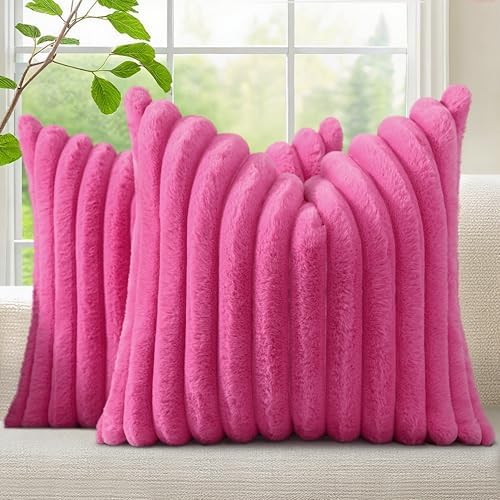 decorUhome Fall Faux Fur Throw Pillow Covers 26x26 Set of 2 Hot Pink by decorUhome