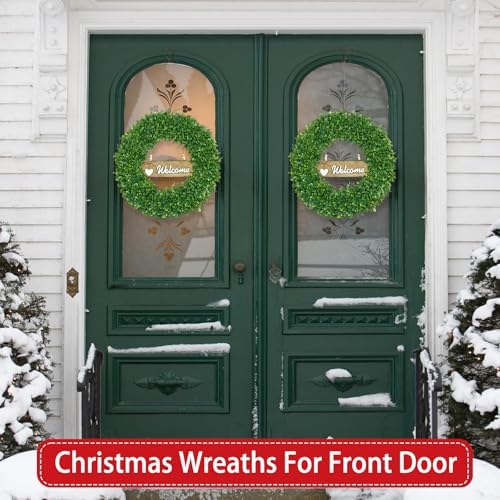22 Inch Boxwood Wreath for Front Door Realistic with Welcome Sign Faux Easter Green Preserved Boxwood Wreaths Outdoor Spring Wreaths for Front Door Outside for Porch Farmhouse Wall Home Decor - Image 6