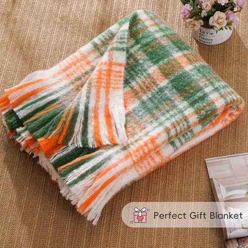 BATTILO Mohair Plaid Throw Blanket for Couch, Green Orange, 50 x 60 Inch - Image 4