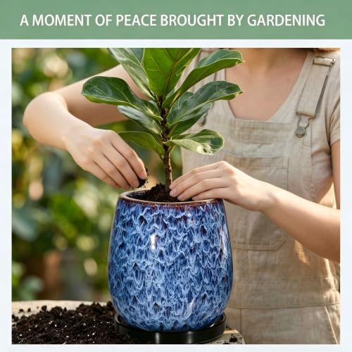 10.3 Inch Ceramic Glaze Plant Pot with Saucer, Flower Pots with Drainage Hole Mesh Net (Blue) - Image 4