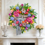 Pinkpuii Spring Wreaths for Front Door Outside– 24 Inch Spring Door Wreath with Pink Peonies, Roses,Blue Hydrangeas&Yellow Tulips,Colorful Welcome Summer Wreaths for Front Door Porch & Entryway Decor - Image 2
