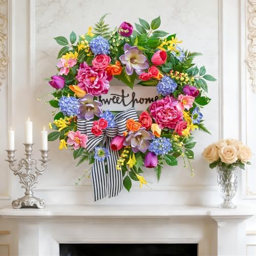 Pinkpuii Spring Wreaths for Front Door Outside– 24 Inch Spring Door Wreath with Pink Peonies, Roses,Blue Hydrangeas&Yellow Tulips,Colorful Welcome Summer Wreaths for Front Door Porch & Entryway Decor - Image 2