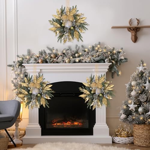 8 Pcs 9 Inch Christmas Wreaths for Kitchen Cabinet Artificial Pine Hanging Cedar Wreath with Christmas Balls Golden Twigs and Silver Berries for Front Door Xmas Winter Farmhouse Home Decorations - Image 4