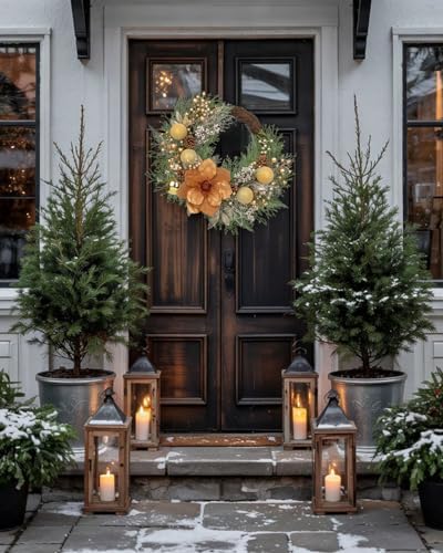 24" Christmas Wreath for Front Door – Artificial Winter Half Wreath with Bronze Maglonia Flower, Gold Ball Ornaments, Berry Clusters for Indoor & Covered Outdoor Holiday Christmas Decoration - Image 4
