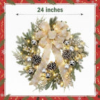 24 Inch Christmas Wreath for Front Door with Lights Golden Bow Winter Wreath Sliver Christmas Balls Pinecones Pine Needles for Wall Home Holiday Xmas Decor - Image 2