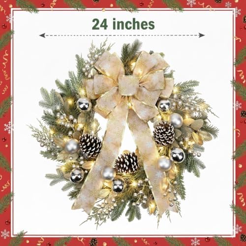 24 Inch Christmas Wreath for Front Door with Lights Golden Bow Winter Wreath Sliver Christmas Balls Pinecones Pine Needles for Wall Home Holiday Xmas Decor - Image 2