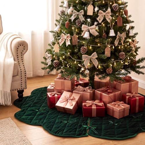 48 Inches Quilted Christmas Tree Skirt, Thick Rustic Trees Skirt, Green - Image 4
