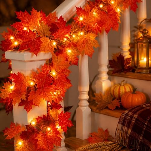 Fall Decor Fall Decorations for Home 9FT Plug In Fall Garland with Lights 50 Orange Bulbs Connectable Lighted Fall Garland Lights for Indoor Outdoor Halloween Thanksgiving Harvest Decorations(3 Packs) - Image 3