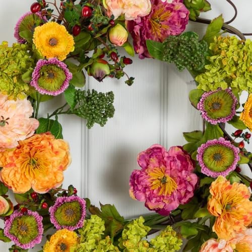 Nearly Natural 24 in Artificial Peony Wreath for Front Door Decor - Image 3