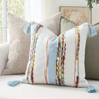 PANOD Chenille Farmhouse Throw Pillow Covers 18 x 18 Blue Brown, Neutral Boucle Couch Pillow Cover, Striped Decorative Boho Coushion Cover Pillow Case for Couch Bed Sofa Bedroom,Modern Accent,Set of 2 - Image 5