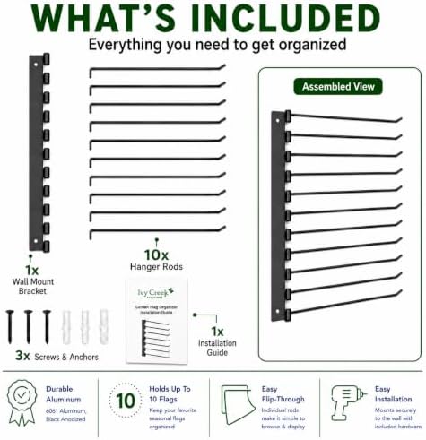Garden Flag Organizer & Storage Rack, No-Fold Wall Mounted Yard Flag Holder for Seasonal Small Garden Flags, Holds Up to 10 Flags, Black Anodized Aluminum - Image 4