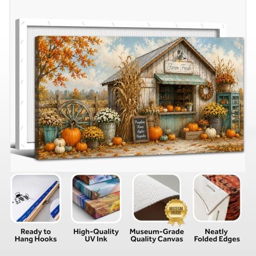 WAXWHELK Fall Canvas Wall Art, Autumn Rustic Farmhouse Painting Pictures of Farm Fresh Stand with Pumpkins and Mums, Thanksgiving Artwork for Living Room Bedroom Home Decor, (16"x32") - Image 6