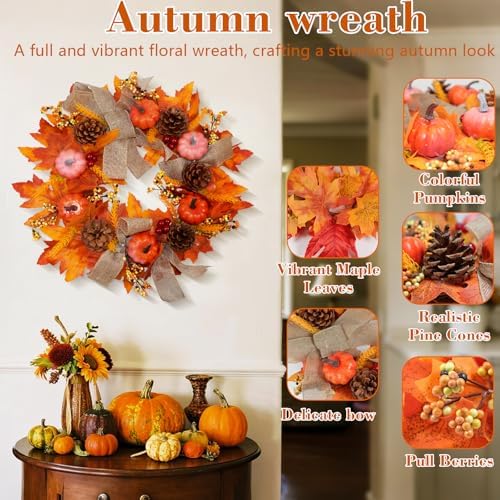 Fall Decor -Fall Wreaths for Front Door Outside,20-Inch Handcrafted Autumn Door Wreath with Colorful Pumpkins,Maple Leaves,and Delicate Bows, Autumn Decorations for Home Porch Thanksgiving Decor - Image 3