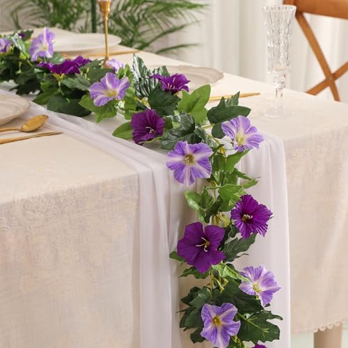 Floweroyal 6 Pack Artificial Flower Garlands 15.8FT Fake Morning Glory Vines Silk Flowers Hanging Garland Ivy for Wedding Arch Party Home Garden Wall Decor (Purple) - Image 4