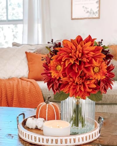 Briful Fake Fall Flowers with Vase, Artificial Dahlia & Mum Silk Floral Arrangement with Glass Vase Faux Autumn Flowers Bouquet for Home Office Room Coffee Table Centerpiece Wedding Decoration - Image 4