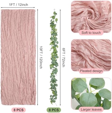Leinuosen 8 Set 10 Ft Light Pink Cheesecloth Table Runner Wedding Decor with 6 Ft Eucalyptus Garland, Boho Gauze Table Centerpiece Runner for Wedding Baby Shower Birthday Party Decoration - Image 2
