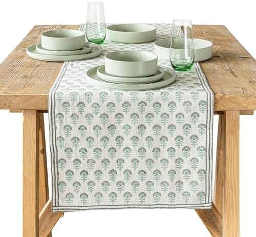 Over&Back 18x108 Hand-Blocked Printed Cotton Table Runner - Washable Table Runners for a Custom Home Decor Tablescape - Perfect for Coffee Table, Dinner Table, Living Room, and More - Green Flower by overback