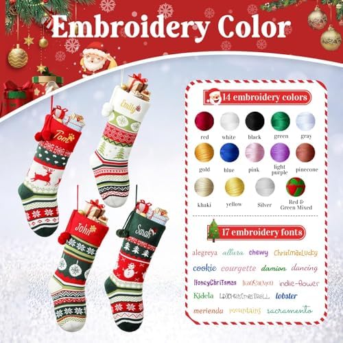 Personalized Christmas Stockings with Embroidered Name & Monogram,Custom Knit Christmas Stocking for Kids Girl Family,5 Pack 19.7” Large Xmas Stockings for Fireplace or Holiday Decor - Image 3