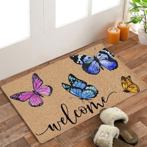 Butterfly Coco Coir Doormat Door Welcome Mat for Home Entrance Front Door, Cute Rustic Colorful Butterfly Welcome Floor Mats for Outdoor Outside Entryway 30x17 Inch - Image 2