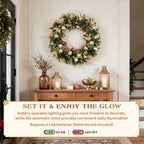Hykolity 32 Inch Pre-Lit Botanical Christmas Wreath, Battery Operated Lighted Wreath with 60 Warm White LEDs, Timer, Gold Silver Ornaments, Pinecones and Decorative Leaves for Front Door - Image 4