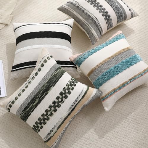 Boho Pillow Covers 18x18 Set of 2 for Couch-Modern Farmhouse Sofa Decorative Blue Throw Pillow Covers Textured Chenille Cushion Covers Outdoor Netural Bohemian Pillow Cases Square - Image 6