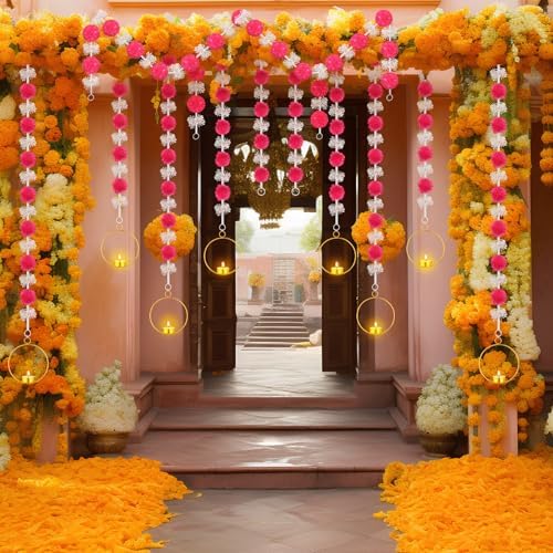 6 Sets Marigold Garland with Lotus Candle Holders for Diwali Pooja Puja - Image 5