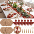 Fanfanwin Set of 6 Boho Woven Placemats with Rust Red Napkins, 13 in by Fanfanwin