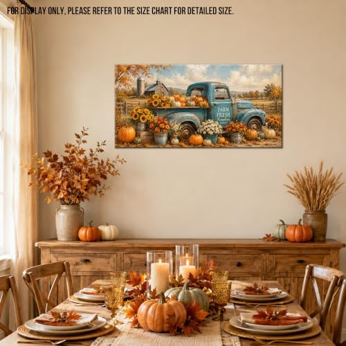 WAXWHELK Truck Fall Canvas Wall Art, Rustic Farmhouse Vintage Blue Truck Pumpkins and Sunflowers Painting Pictures, Autumn Thanksgiving Artwork for Living Room Kitchen Home Decor (16"x32") - Image 4
