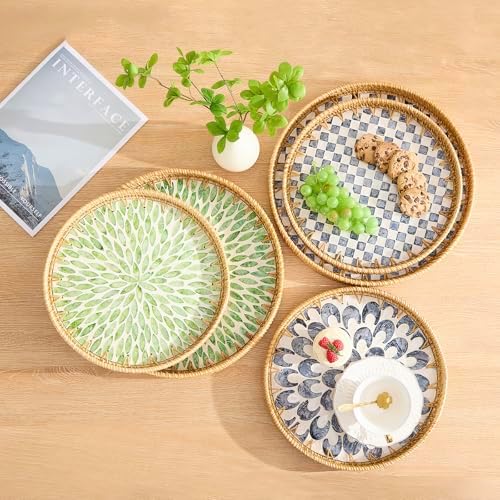 Round Rattan Tray with Mother of Pearl Inlay, Rattan Serving Tray with Wooden Base, Decorative Wicker Basket for Table Decor, Storage and Display of Coffee Bread Food Fruit (Plume 13.5") - Image 6