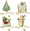 GUOER 4 Pack Christmas Stocking Holder Set for Mantle Christmas Decorations Mantle Fireplace Topper-House, Sleigh,Snowman and Christmas Tree Hangers Decorative Metal Hanger(Golden) by GUOER