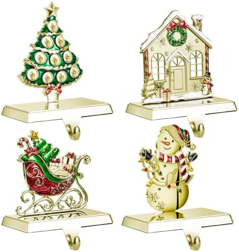 GUOER 4 Pack Christmas Stocking Holder Set for Mantle Christmas Decorations Mantle Fireplace Topper-House, Sleigh,Snowman and Christmas Tree Hangers Decorative Metal Hanger(Golden) by GUOER