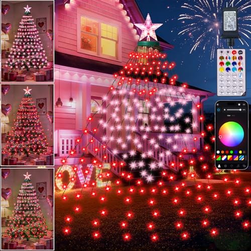 Smart Valentine's Day Lights with Star Topper, APP Control Music Sync Color Changing RGB Christmas String Lights, Cascading Twinkle Lights for Indoor Outdoor Xmas Tree Decorations by AMIPEPE
