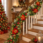 9FT Christmas Garland with Lights, Prelit Garland with Red Berry Clusters&Balls&Flowers&Pine Needles,for Stairs Railing Fireplace Mantle Front Door Home Holiday Decor Ornaments - Image 3