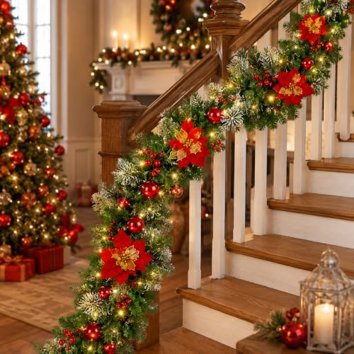 9FT Christmas Garland with Lights, Prelit Garland with Red Berry Clusters&Balls&Flowers&Pine Needles,for Stairs Railing Fireplace Mantle Front Door Home Holiday Decor Ornaments - Image 3