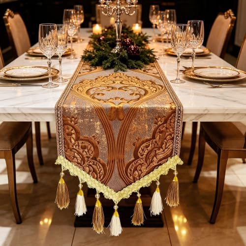 3D Mottled Embossed Table Runner 94" Long Brown Gold Luxury Vintage - Image 2