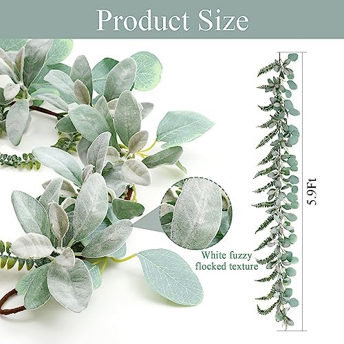 SHACOS Artificial Flocked Lambs Ear Garland with Eucalyptus Fern Leaves - Image 2