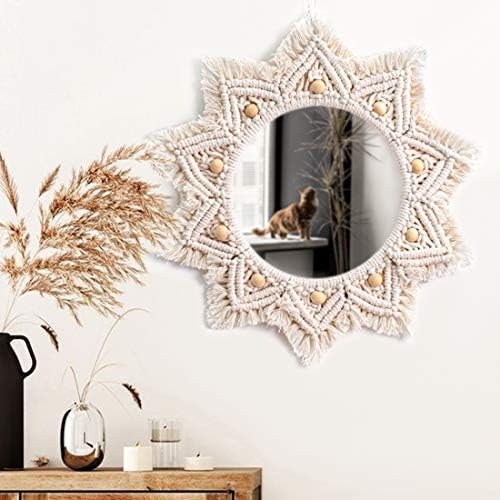 TENEWEE Boho Wall Decor White Macrame Round Hanging Mirror for Entryway - Image 5