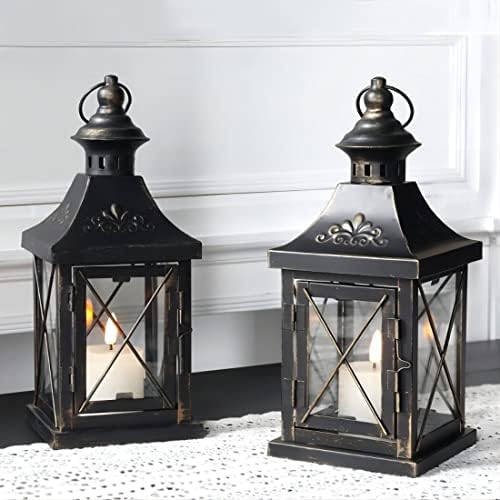 TRIROCKS Set of 2 Decorative Candle Lantern 11'' High Metal Candle Holder Hanging Lantern Perfect for Home Decor Halloween Living Room Parties Events Tabletop Indoors Outdoors (Black with Gold Brush) - Image 3