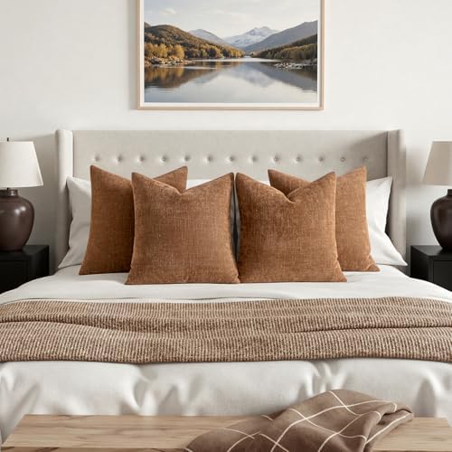 MIULEE Pack of 4 Fall Decorative Throw Pillow Covers 18x18 Inch Chenille Textured Throw Pillows Boho Farmhouse Rustic Cushion Covers Vintage Home Decor for Couch Sofa Bed Living Room，Camel - Image 6